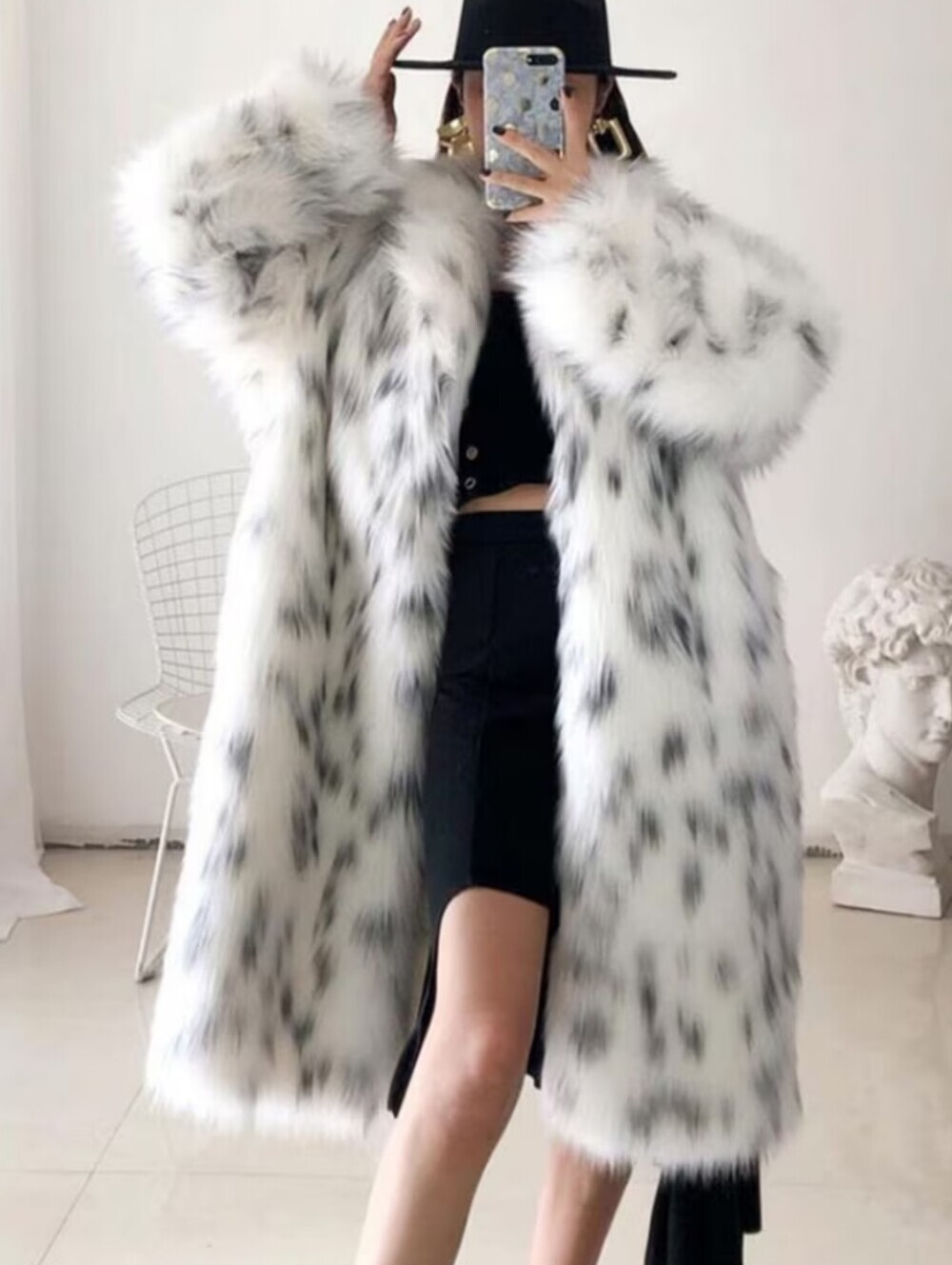 Faux Fur Long Coat - White/Black Spot
